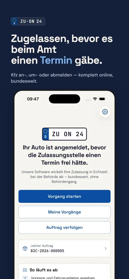 Kfz Zulassung online 24 – Startbildschirm mit Vorgangsauswahl